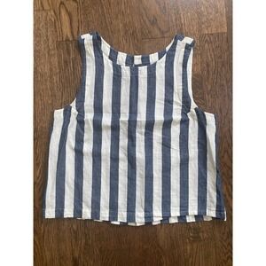 Pact Organic Cotton Linen Button Back Striped Tank Small Coastal Casual Mariner